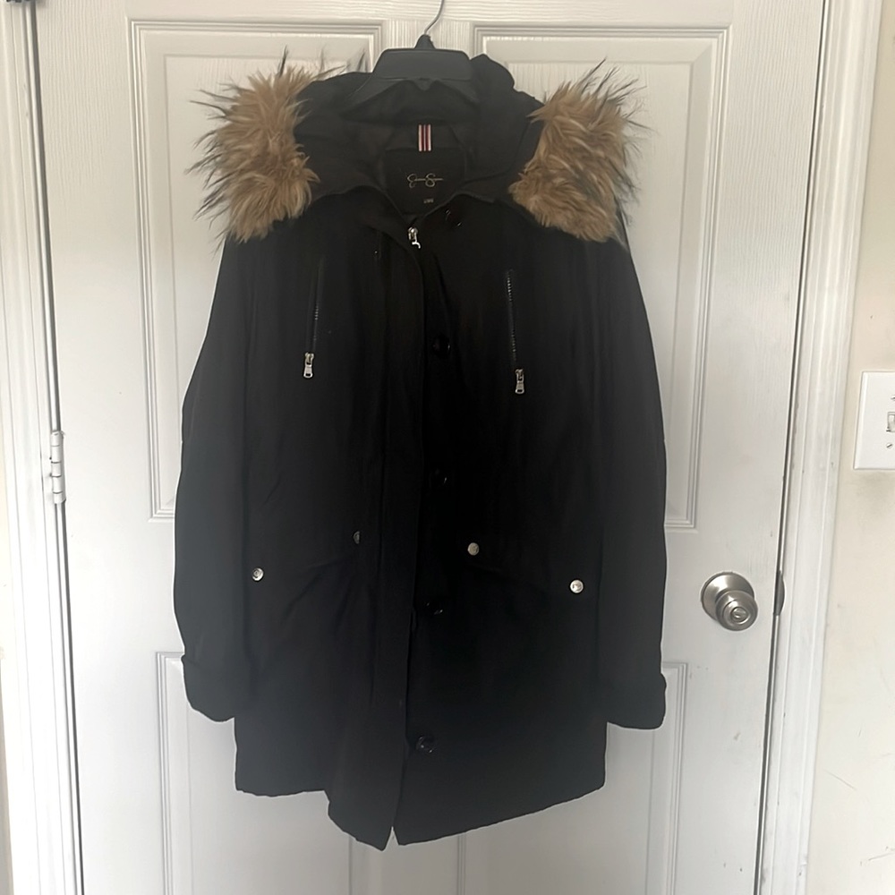 Jessica Simpson hooded fur coat